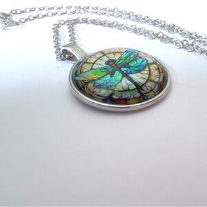 Luminous Aether: Dragonfly Glass Cabochon Necklace - Silver Plated Chain